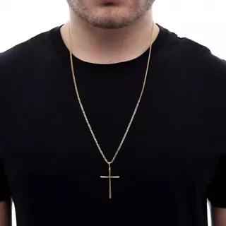 Correntinha Fina Dourado + Pingente Cruz Crucifixo Grande