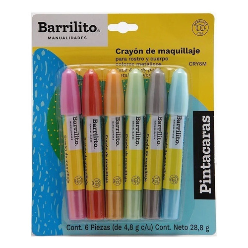 Pintacaras Barrilito Crayones Tonos Metalicos 6 Piezas