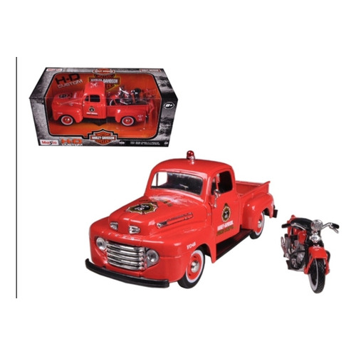 Maisto 1:24 1948 Ford F-1 /moto Harley Davidson Roja Bombero