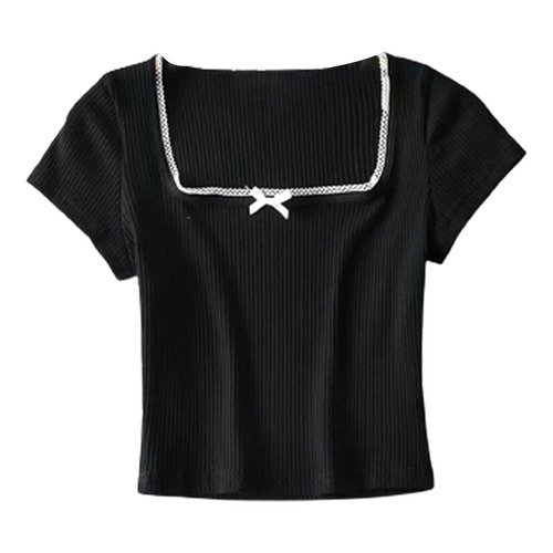 Camiseta De Canalé Delantera Con Cuello Cuadrado Para Mujer 