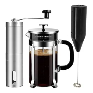 Molinillo Grano Café + Jarra Cafetera Embolo 600ml + Batidor