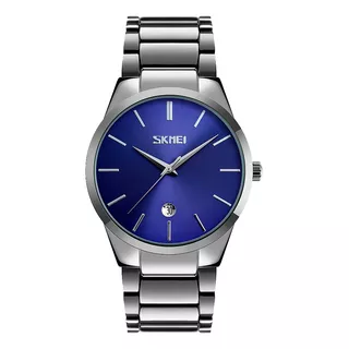 Reloj Hombre Skmei 9140 Acero Minimalista Fecha Elegante Color De La Malla Plateado/azul