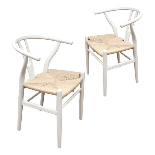Silla De Comedor Madera Rattan Nórdico - Wishbone X2 Estructura de la silla Blanco Asiento Marrón claro Diseño de la tela Rattan Sintético