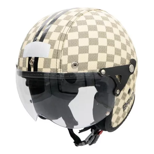 Capacete De Moto Custom Chopper Old School Couro Premium Tamanho Do  Capacete M - Veste 57/58 Viseira Fume Cor Xadrez Bege