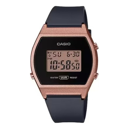 Reloj pulsera Casio Youth LW-204 de cuerpo color oro rosa, digital, fondo rosa, con correa de resina color negro, dial negro, minutero/segundero negro, bisel color oro rosa