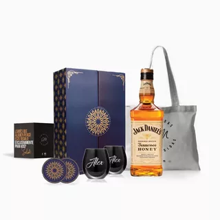 Whisky Jack Daniels Honey 750 2 Vasos Negros Grabado Estuche
