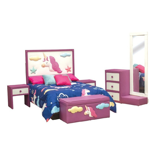 Recamara 5 Piezas Unicornio Rosa Këssa Muebles Color Violeta