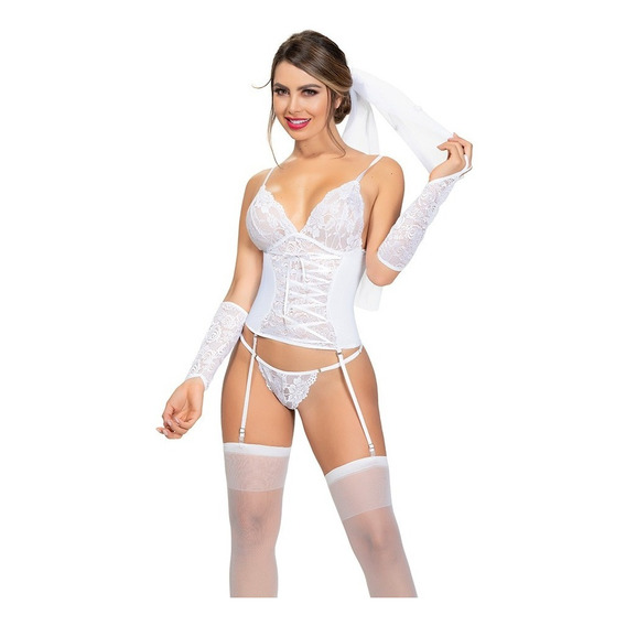 Novia Baby Doll Lenceria Con Velo Y Guantes