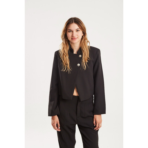 Blazer Corto De Crepe Sastrero Negro - Koxis Mujer