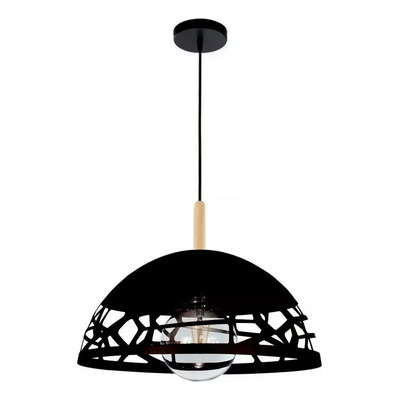 Colgante Semi Esfera Calado Oviedo Negro Con Madera Apto Led