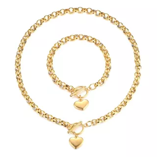 Collar Y Pulsera Corazón Baño Oro Mujer