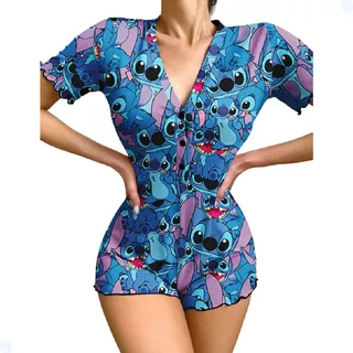 Pijama Feminino Macaquinho Lilo Stitch Macacão Sexy C/ Botão