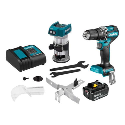 Combo Makita  Brushless 18v Rotomartillo Dhp487z + Router Drt50z + Bateria + Cargador Color Turquesa