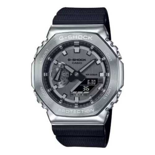 Reloj pulsera Casio G-Shock GM-2100 de cuerpo color gris, analógico-digital, fondo gris, con correa de resina color azul oscuro, agujas color gris y negro, dial gris, subesferas color gris, minutero/segundero negro, bisel color gris, luz blanco y hebilla simple
