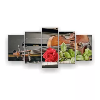 Quadro Decorativo Violino Teclado Rosa 129x61 5 Peças