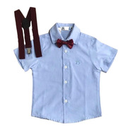 Camisa Infantil Social Manga Curta Com Gravata E Suspensório
