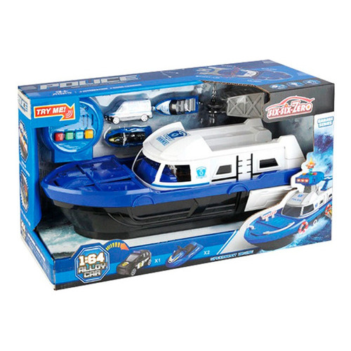 Playset Bote Policia Con Autos De Metal Luz Color Celeste Personaje Barco