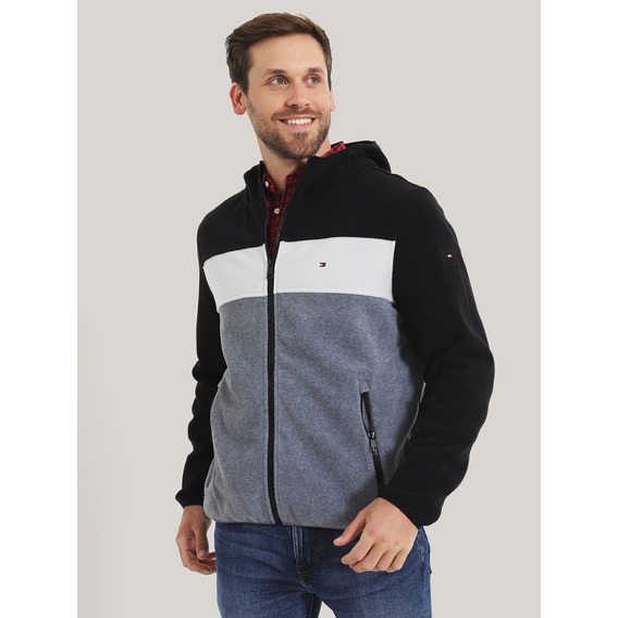 Polerón Hoodie Color Block Con Cierre Negro Tommy Hilfiger