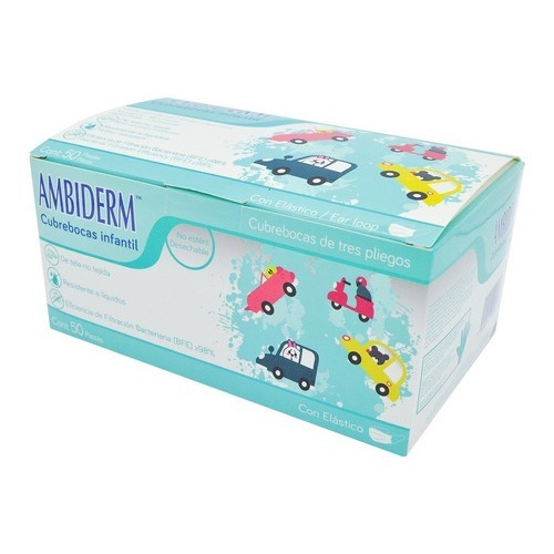 Cubrebocas Infantil Ambiderm Verde Con Carros Caja Con 50 Pz