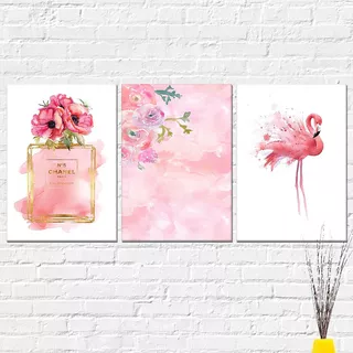Kit 3 Quadros Decorativos Sala Flamingo Perfume Rosa