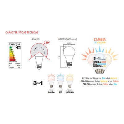Lampara Led E-27 9w 3 En 1 Calida Neutra Y Fria Tbcin