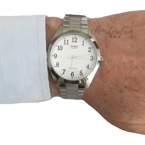 Reloj Casio Hombre Mod Mtp-1274d ...amsterdamarg... Malla Plateado Fondo Blanco