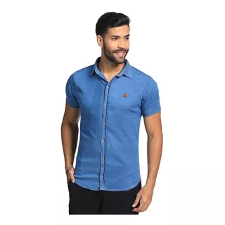 Camisa Jeans Masculina Social Casual Slim Com Lycra Bamborra