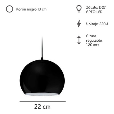 Lampara Colgante 1 Luz Bocha 22cm Negra Led Luz Desing