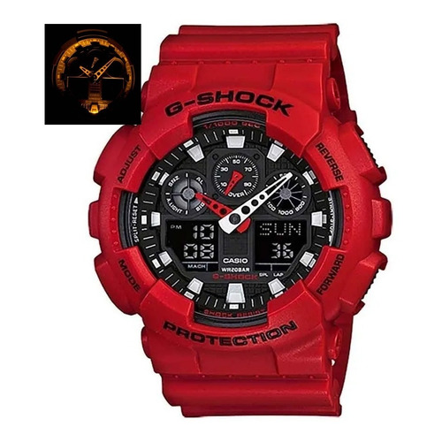 Reloj de pulsera Casio G-Shock GA100 de cuerpo color rojo, analógico-digital, para hombre, fondo negro, con correa de resina color rojo, agujas color blanco y rojo, dial blanco, subesferas color negro y gris, minutero/segundero blanco, bisel color rojo y negro y hebilla doble