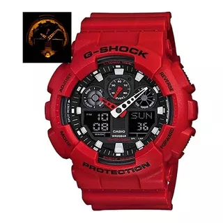 Reloj De Pulsera Casio G-shock Ga100 De Cuerpo Color Rojo, Analógico-digital, Para Hombre, Fondo Negro, Con Correa De Resina Color Rojo, Agujas Color Blanco Y Rojo, Dial Blanco, Subesferas Color Negro