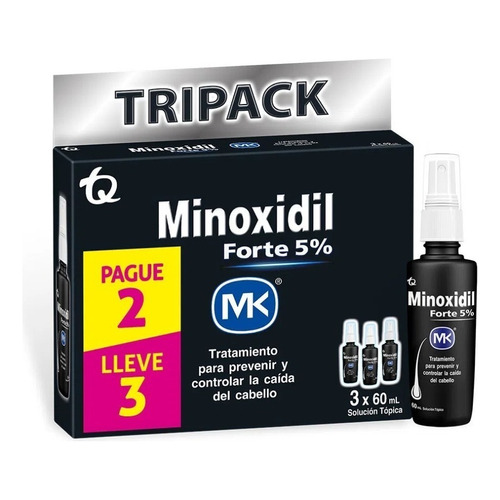 MK Minoxidil Forte 5% Mk 5G Solución Tópica En Caja Por 3 Frascos De 60 mL C/U