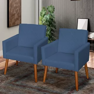 Kit 2 Poltronas Decorativas Bea Reforçada Cinza Cor Azul-marinho Desenho Do Tecido Suede Liso