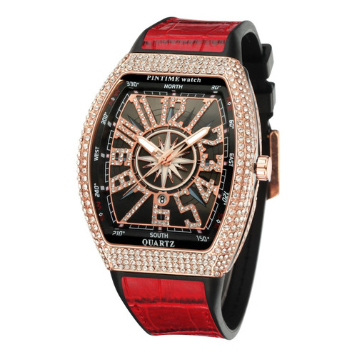 Relojes Pintime Diamond Quartz Waterproof Para Hombre Color de la correa Rojo Color del bisel Rose gold