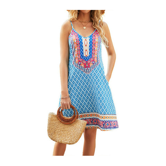 Vestido De Playa Con Tirantes Y Bolsillos Estilo Bohemio