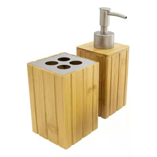 Set De Baño Dispenser Y Vaso Portacepillo Bamboo Bambu