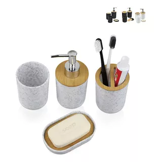 Conjunto De Banheiro 4 Peças Acessórios Bambu Cor Granulado Com Branco Lumai