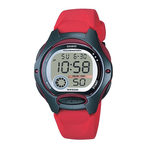 Reloj pulsera digital Casio LW-200 con correa de resina color rojo - fondo gris - bisel negro