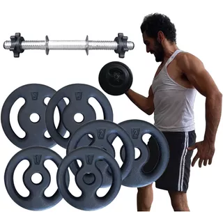 Kit 16kg Com Barra E Anilhas P/ Musculação Halteres Barras