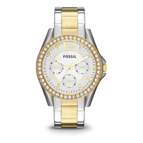 Reloj pulsera Fossil Riley con correa de acero inoxidable color plata/oro - fondo plata