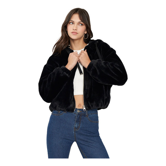 Chaqueta Mujer Peluda Negro Corona