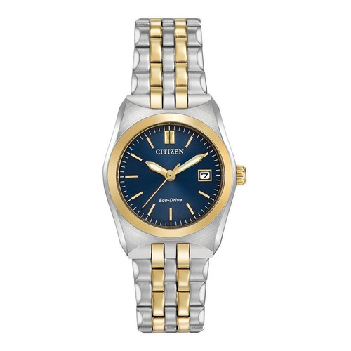 Reloj pulsera Citizen EW229 con correa de acero inoxidable color plateado/dorado - fondo azul - bisel dorado
