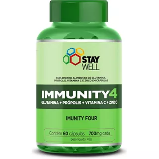 Immunity4 - Fórmula Exclusiva Com Glutamina + Própolis + Vitamina C + Zinco - 60 Cápsulas