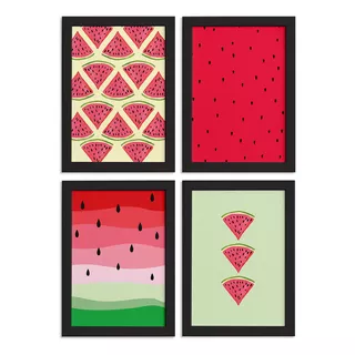 Quadros Decorativos Melancias Moldura Preta 4un 33x43cm Cor Vermelho Cor Da Armação Preto