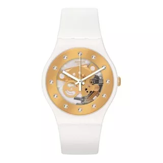 Reloj Swatch Sunray Glam So29w105-s14 Suizo Cristales Mujer Hombre Blanco Y Dorado