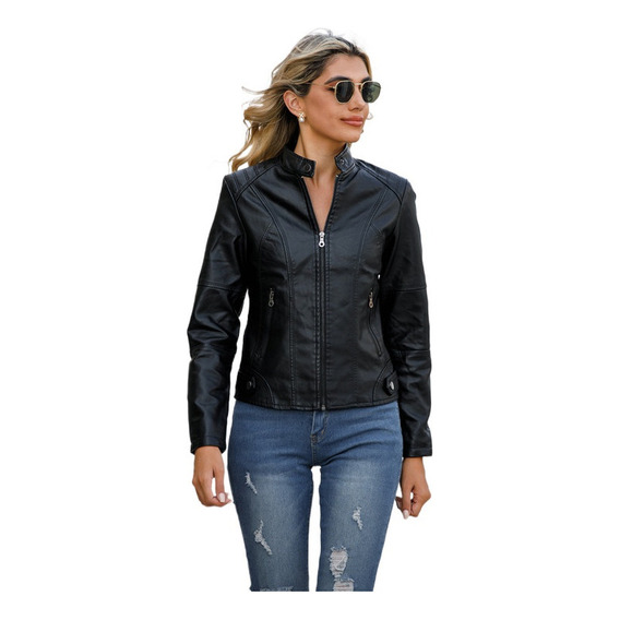 Chaqueta De Cuero Con Cuello Alto De Talla Grande Para Mujer