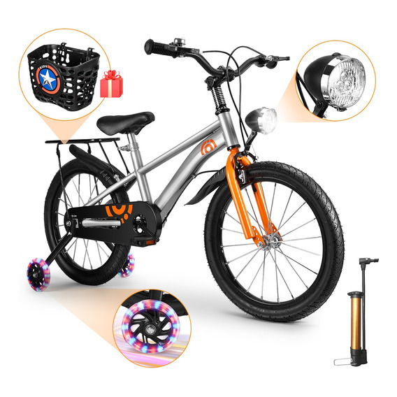18'' Bicicleta Estática Para Niños 7-13 Años Con Cesta+luces