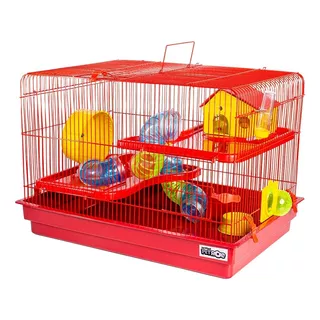 Gaiola De Hamster Com Casa Média Completa 2 Andares Tubo Cor Vermelho