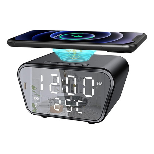 Reloj Digital Despertador Cargador Inalámbrico Para Celular Color Negro