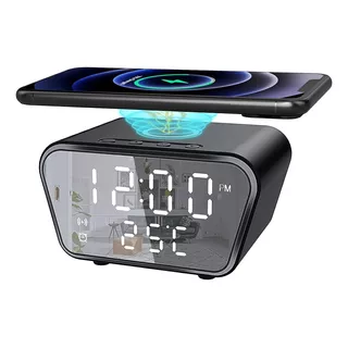 Reloj Digital Despertador Cargador Inalámbrico Para Celular Color Negro