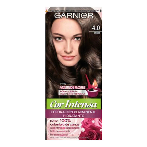 Kit Tinta, Oxidante Garnier  Cor intensa Kit Coloración Permnente Hidratante Garnier Cor Intensa tono 4.0 castaño 20Vol. para cabello